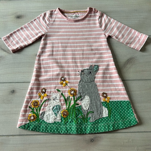 Mini Boden Other - Mini Boden Pink Striped Dress with Bunny and Floral Appliqué